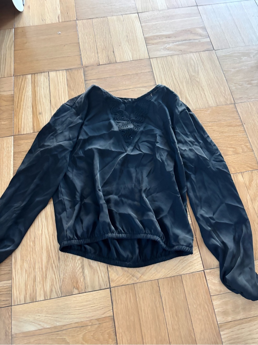 Express Black Satin Long-Sleeve V-Neck Blouse